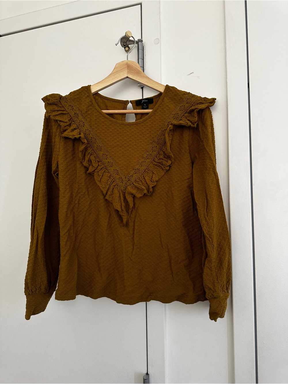 J. Crew Mustard Yellow Textured Ruffle Long Sleeve Top
